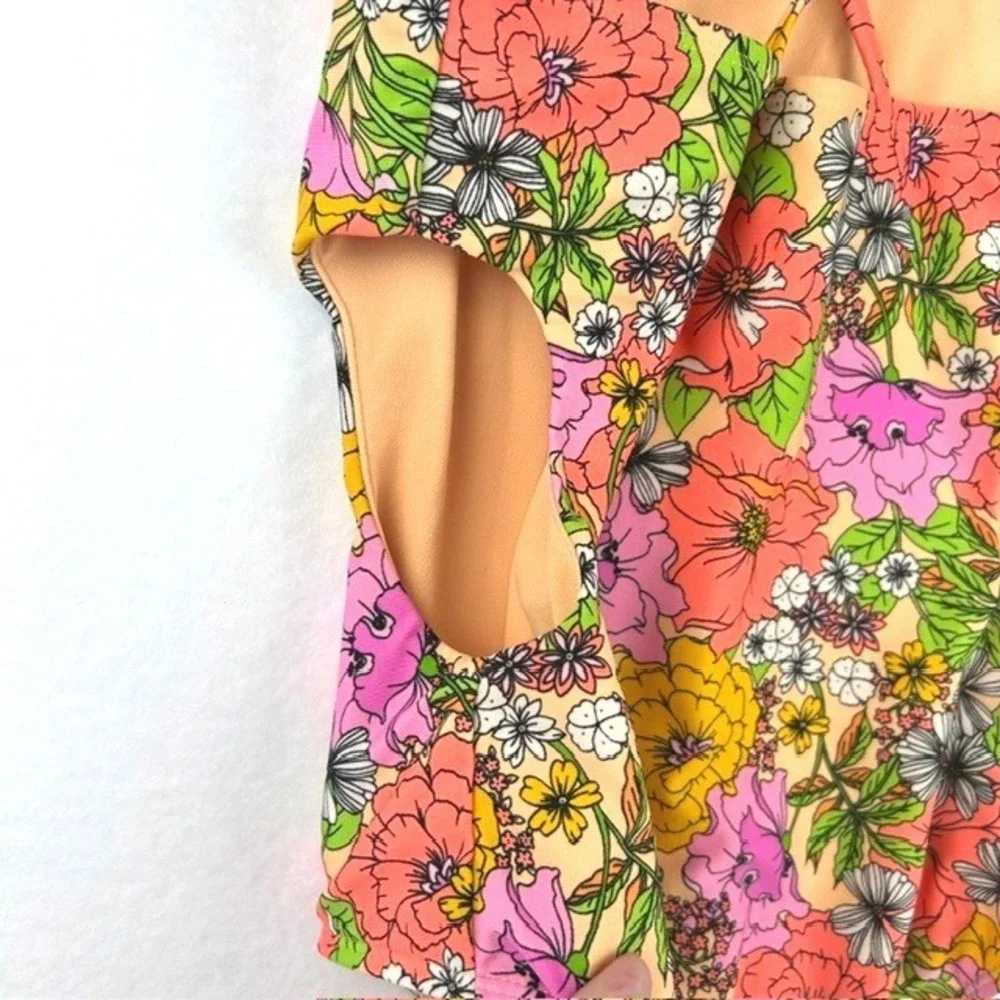 Cat & Jack Girls Floral One Piece Swimsuit Side Cut Out Orange Pink XL 14